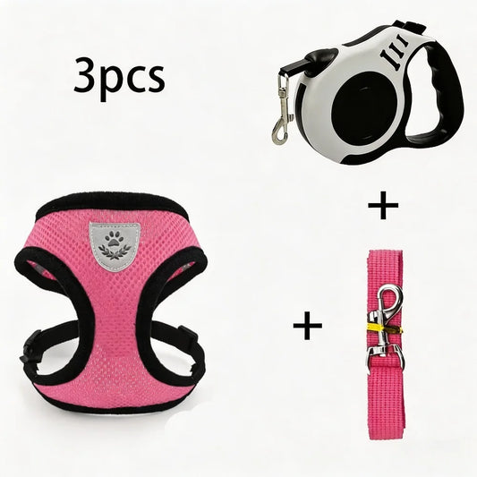3 Pcs Cat Leash Set, Escape Proof Harness + Leash + Retractable, Breathable Vest for Walking, Anti Pull Comfort Fit for Outdoor
