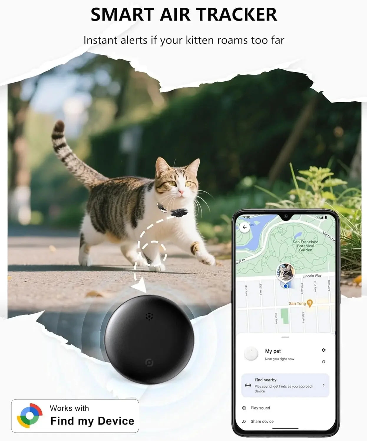 Bluetooth Pet Tracker Tag — Works with Google Find My (Android)
