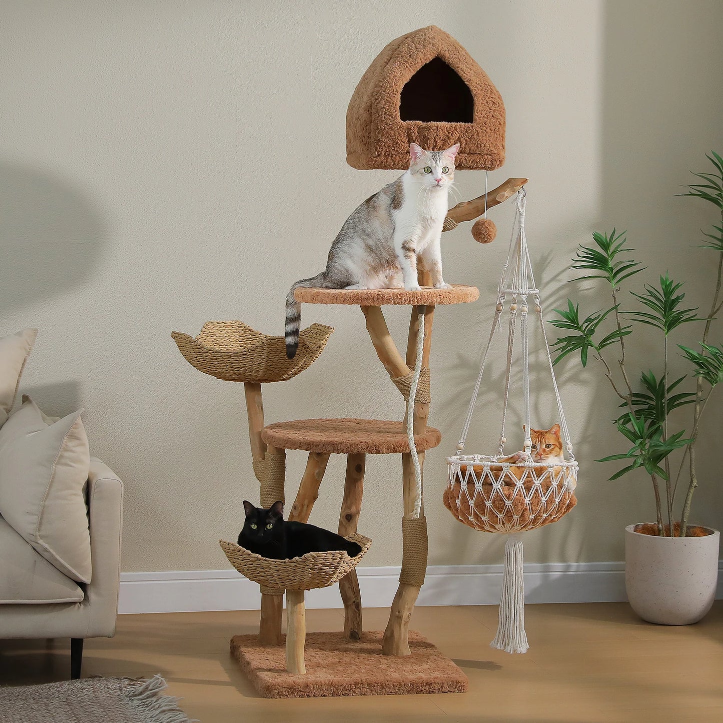 Modern Cat Tree with Solid Wood Scratching Posts Swing Hammock Large Cat Condo Wood Tall Cat Tower for Indoor with 2 Woven Basket Boho Luxury Pet Furniture Cat Toys