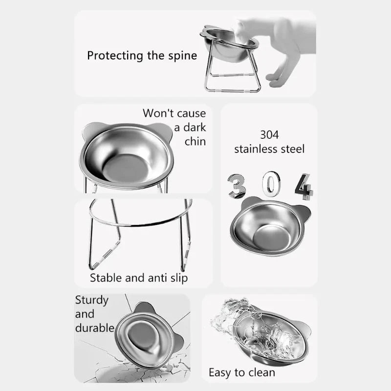 Raised Stainless Steel Cat Bowl — 15° Tilted, Neck-Friendly