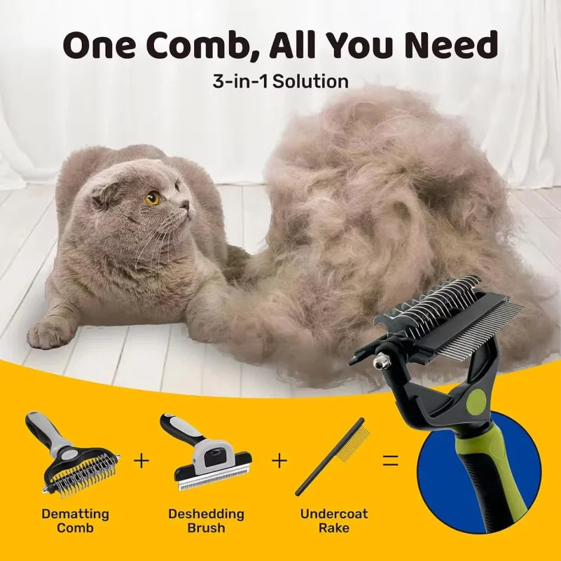 3 In 1 Dual Head Pet Deshedding Brush Fur Knot Cutter Comb Efficient Hair Remover Comfort Grip Grooming Tool For Dogs Cats