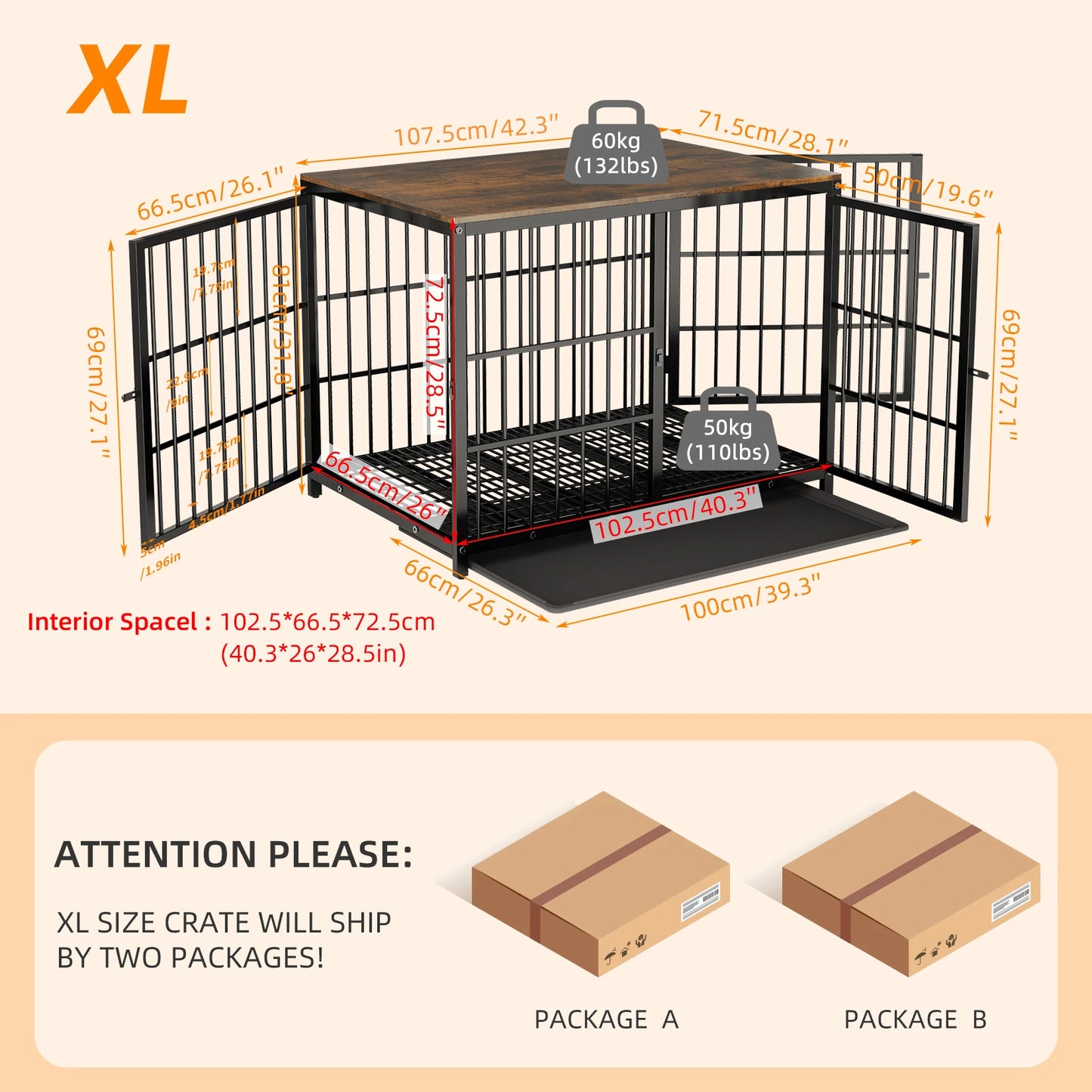 M/L/XL/2XL Dog Crate Cage Furniture Wooden Pet Kennel Table with Three Doors and Removable Tray Decorative Side End Table