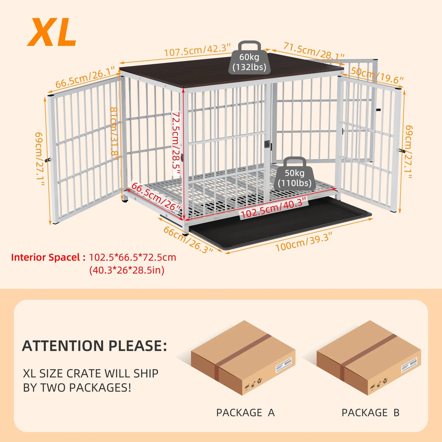M/L/XL/2XL Dog Crate Cage Furniture Wooden Pet Kennel Table with Three Doors and Removable Tray Decorative Side End Table
